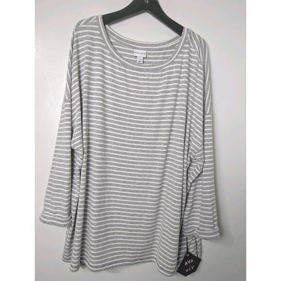 Ava & Viv Striped Knit Sweater Pullover 3/4 Sleeve Gray White Sz 3X Stretch NEW - Picture 1 of 9